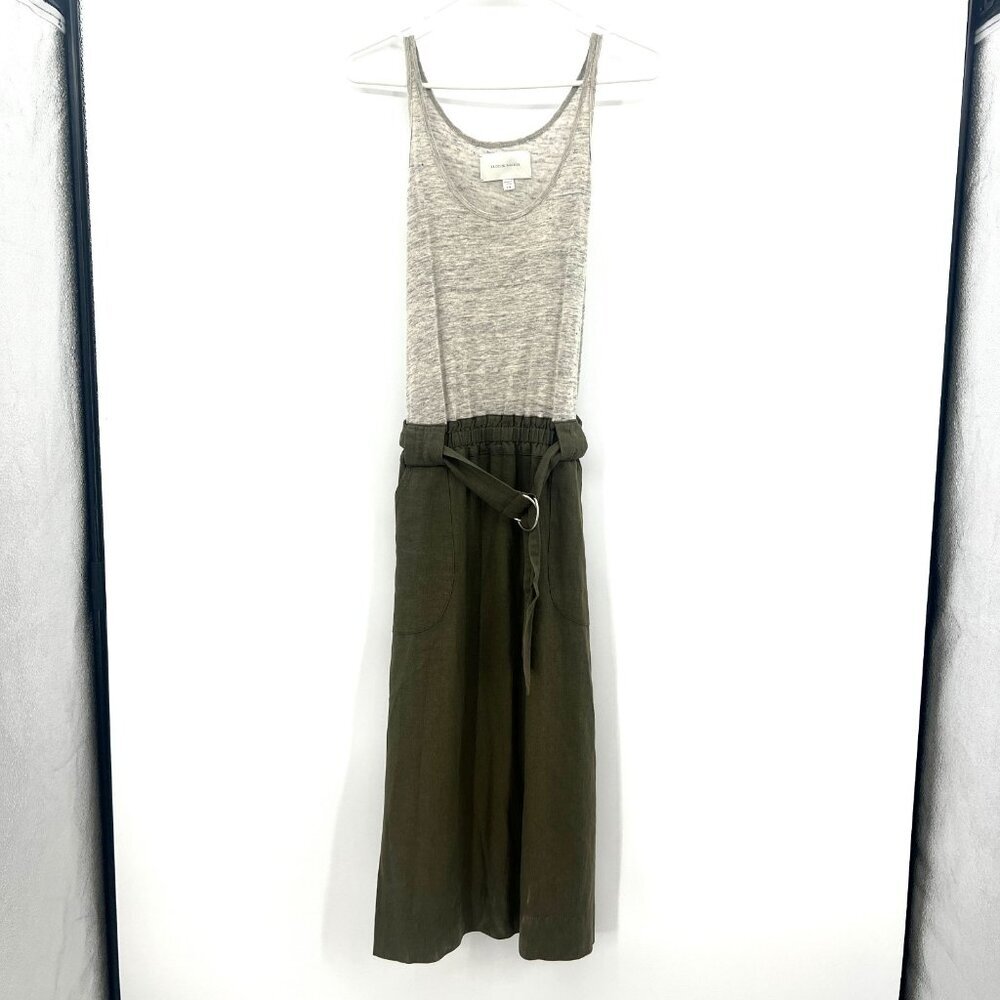 Brochu Walker Linen Mixed Media Gray Green Belted Midi Dress Women's XS